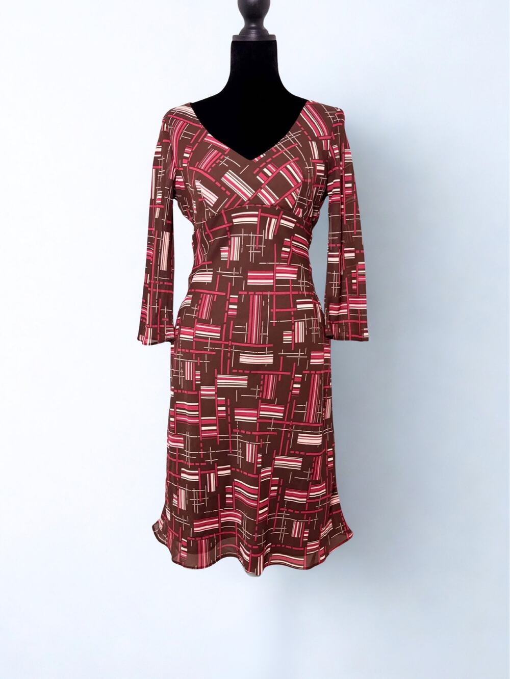 Vtg Y2K Catherine Malandrino Brown Red Seventies Mod Print Midi Dress Size S